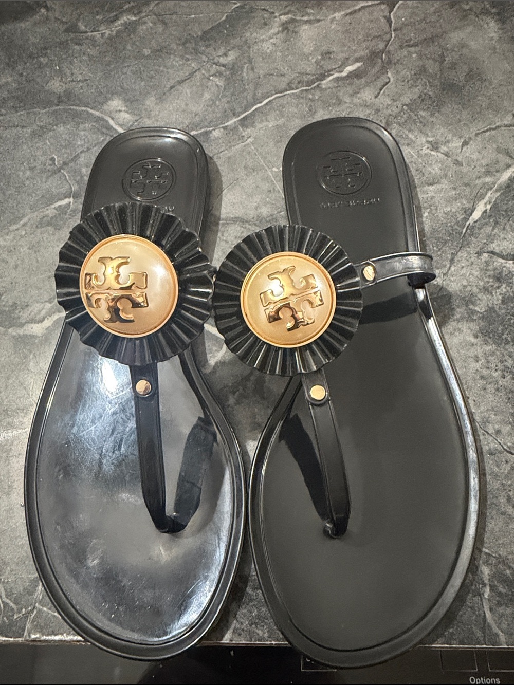 Tory Burch Black Jelly Thong Sandals with Gold Logo Rosettes